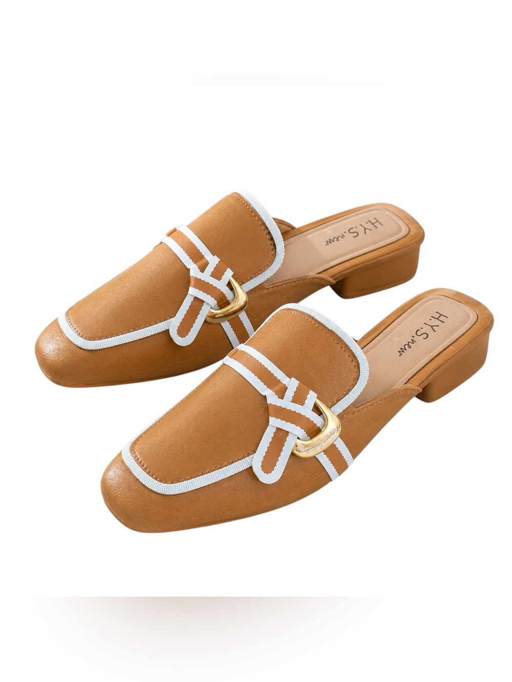 HYS Women’s Tan Slip-On Loafer Mules with White Trim Rubber Mules Womens Size 9